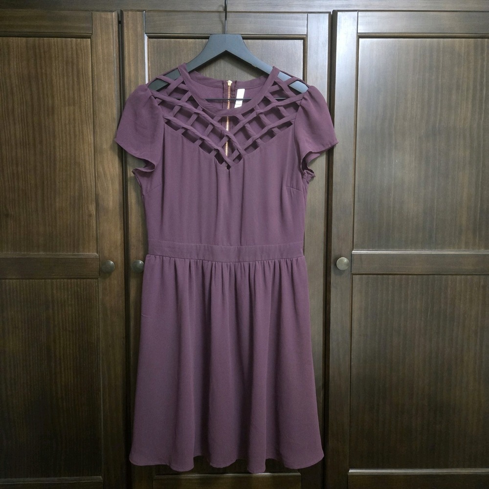 Xhilaration A Line Dress Plum Short Flutter Sleeve Zipper Criss Cross Y2K Small - Picture 2 of 12
